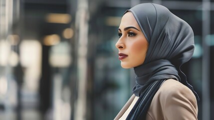Obraz premium Businesswoman elegantly dressed professional attire wearing hijab exuding confidence grace overseeing financial modeling venture capital firm Muslim woman driving force strategic investment planning