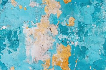 Seamless textured wall with peeling paint in shades of turquoise, white, and orange. The surface...