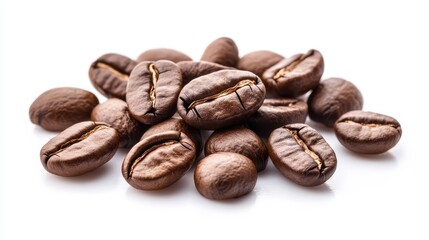 Obraz premium Roasted coffee beans isolated on a white background showcase a pile of rich, aromatic coffee beans from a top view. Discover the beauty of coffee beans in every detail.