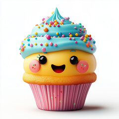 Happy Cupcake Cartoon: A cheerful cartoon cupcake with a big smile, blue frosting, and colorful sprinkles