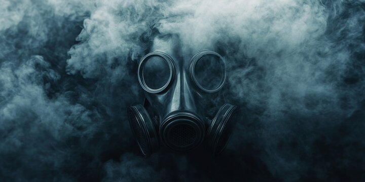Gas mask surrounded by clouds of smoke against a dark background. This gas mask symbolizes radioactive contamination and represents a means for radiation protection amid carbon monoxide poisoning