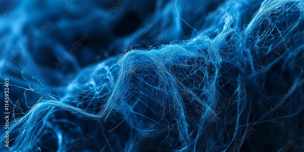 Poster a detailed view of blue fibers showcases their intricate structure and texture against a contrasting