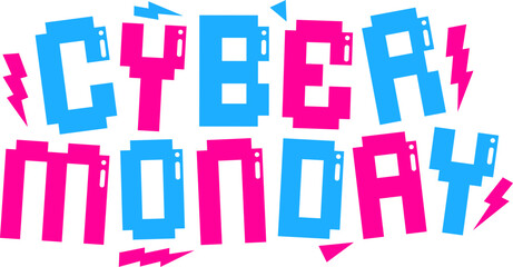 lettering cyber monday in pixel style with lightning text