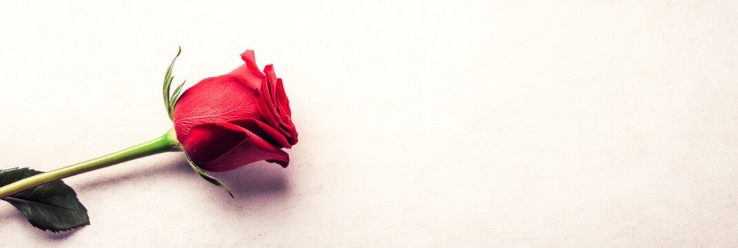 A solitary red rose rests elegantly on a pristine white surface, embodying love's passion and beauty, perfect for Valentine's Day.