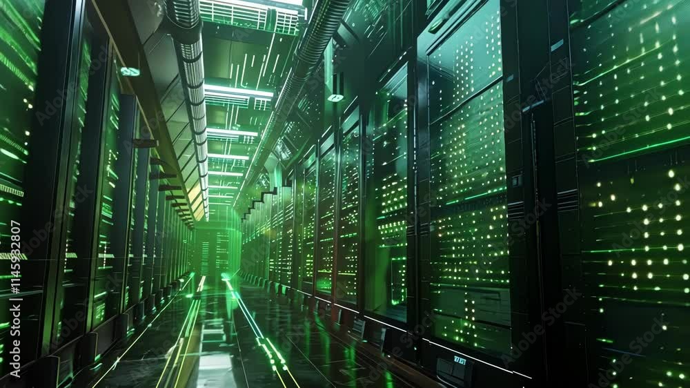Poster blinking green lights on server racks illuminate a dark server room, managing and processing vast am