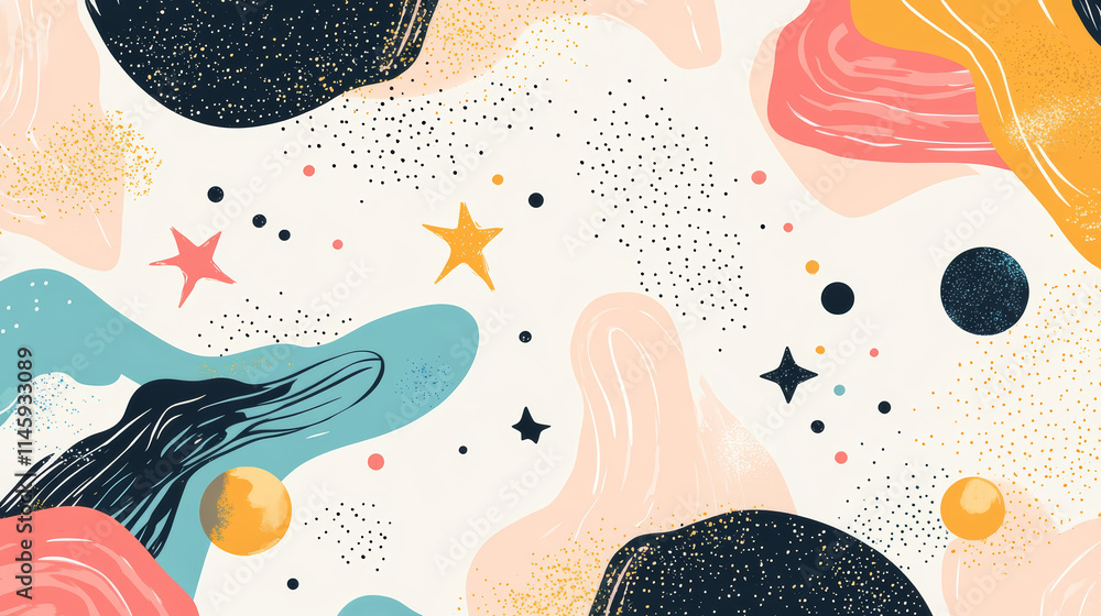 Poster abstract cosmic design featuring colorful shapes and celestial elements in a playful composition