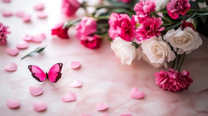 A delicate butterfly rests on a table adorned with vibrant pink petals, capturing the essence of love and beauty on Valentine's Day.