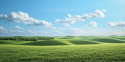 Obraz premium Vibrant savannah featuring lush green fields and scattered bushes under a clear blue sky, showcasing the beauty of the savannah landscape and its natural elements in harmony.