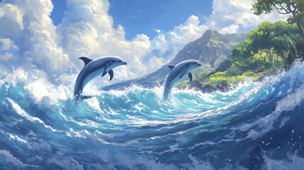 Playful dolphins jumping over breaking waves in tropical paradise