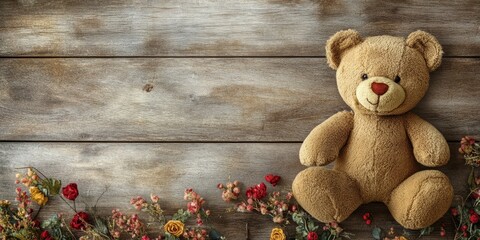 Obraz premium Pay It Forward card featuring a teddy bear and floral decoration on a rustic wooden background, celebrating the spirit of kindness and generosity with this charming Pay It Forward theme.