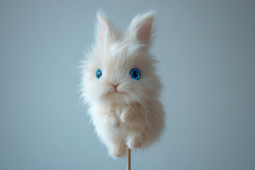 Cute, fluffy bunny doll with blue eyes, hand-held, in a cartoon style, with a nice and fuzzy detail, on a white background,
