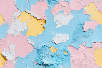 Obraz premium Seamless textured wall with peeling paint in pastel colors including pink, blue, yellow, and white. The layers of paint create an abstract pattern, showcasing a mix of colors and textures.