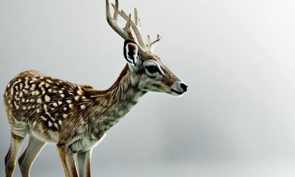 Portrait d&rsquo;un jeune cerf tachet&eacute; avec bois majestueux sur fond clair, ambiance naturelle et &eacute;l&eacute;gante, symbolisant la faune sauvage