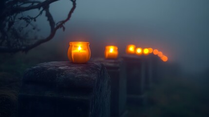 Lit Candles Line Foggy Stone Wall at Night
