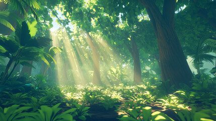 Sunbeams Pierce Tropical Forest: Sunlight rays illuminate a lush, green tropical forest