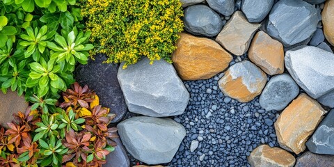 This decorative garden design features carefully arranged shale, gravel, and stones in different colors. It presents a landscape concept with room for text.
