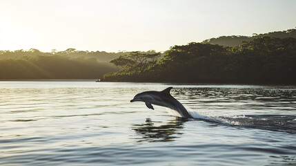 Fototapeta premium Dolphin jumping over calm water at sunset in serene landscape