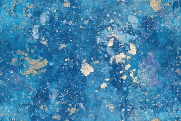 Seamless vibrant abstract background featuring shades of blue with gold leaf accents. The texture is rich and layered, creating.