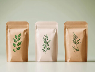 Fototapeta premium Eco friendly kraft paper pouches with plant designs symbolize sustainable packaging