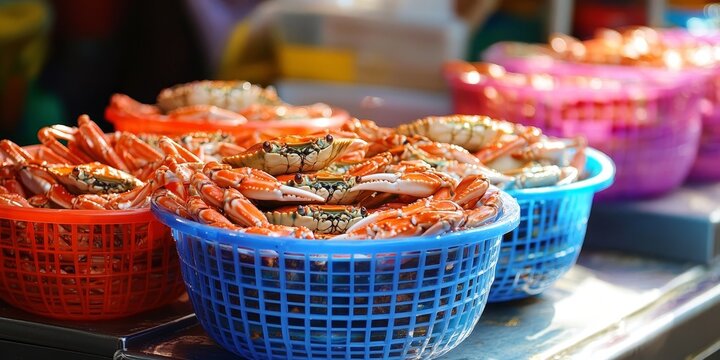 Fresh crabs displayed in plastic baskets showcase the appeal of fresh crabs. The vibrant appearance of fresh crabs in plastic baskets highlights their quality and freshness.