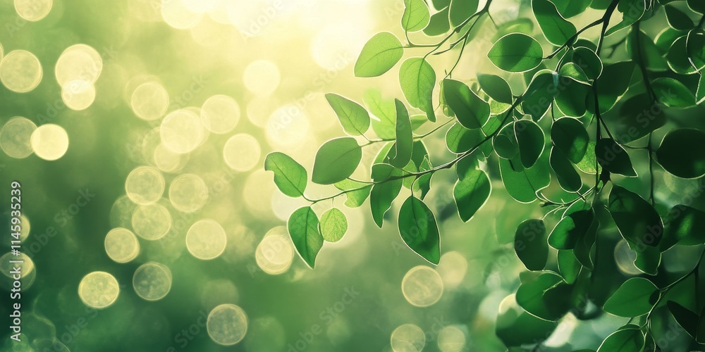 Poster soft blur elements create a serene atmosphere with green bokeh in the morning light. this enchanting