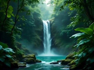 Fototapeta premium Serene Waterfall Cascading Through Lush Rainforest