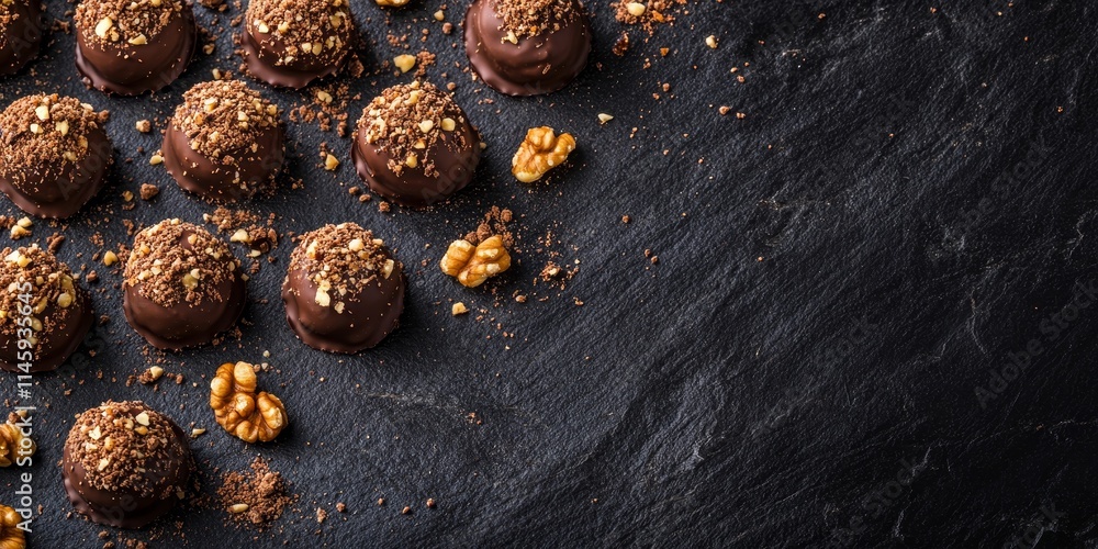 Poster an overhead view showcases chocolate truffles adorned with nuts and cookie crumbs, set against a dar