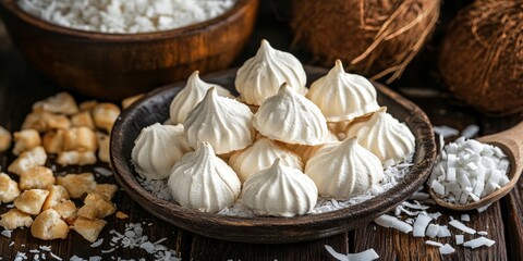 Fototapeta premium Delicious homemade coconut meringue biscuits arranged beside fresh chopped coconut and coconut chips on a rustic wooden table, showcasing the delightful appeal of coconut meringue treats.
