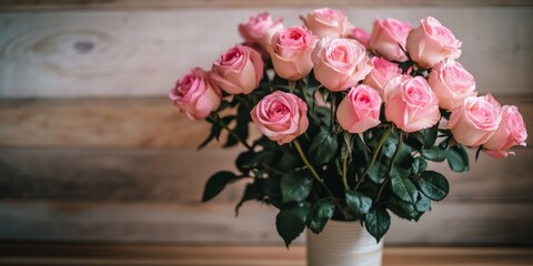 Fototapeta premium A delicate vase brimming with luscious pink roses graces the table, radiating love and romance, perfect for celebrating Valentine's Day.