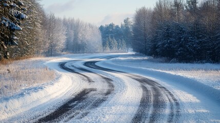 Obraz premium Winter road winding through snow covered fields and serene forests, showcasing the beauty of winter scenery along the picturesque winter road in a tranquil landscape.
