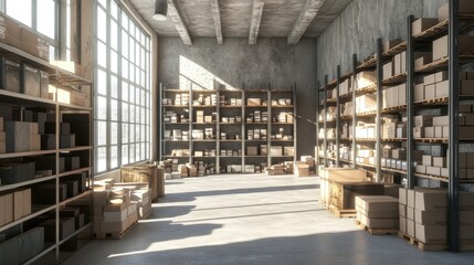 A large warehouse with many boxes on shelves