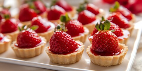 Delicious strawberry tartlets displayed on a white dish, showcasing the vibrant colors of the strawberry tartlets and their appealing texture, perfect for dessert lovers and gatherings.