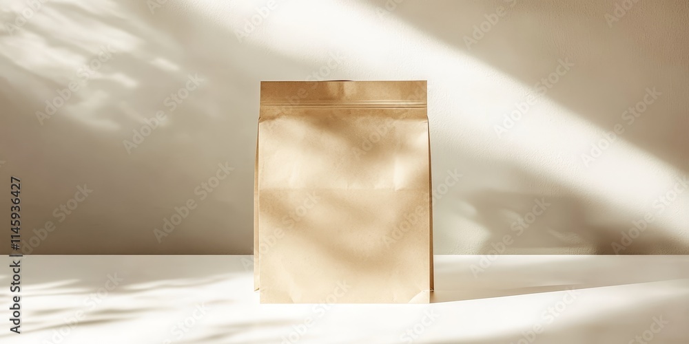 Aufkleber a simple paper bag rests on a white surface, illuminated with soft overexposed lighting that casts s