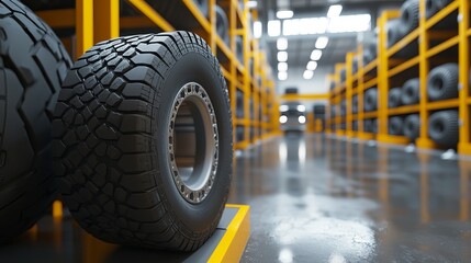 Naklejka premium A fresh tire is placed in the industrial tire storage, ready for vehicles requiring tire replacements. 