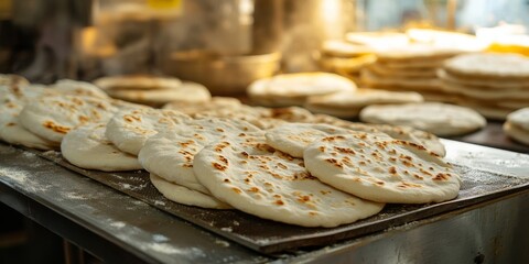 Fresh flatbreads are created in a factory setting, showcasing the process of making pita bread. The dough for flatbreads is cut into round shapes before being baked to perfection.