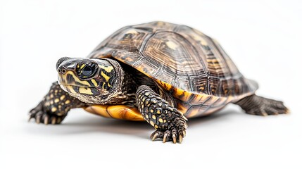 Turtle resting gracefully on a bright white background, showcasing the unique features and colors of the turtle. Ideal for nature inspired designs and educational materials about turtles.