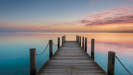Fototapeta premium Wooden footbridge on a serene beach at sunset, perfect for meditation or yoga. Tranquil sea views create a calming journey for the mind and body