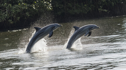 Dolphins jumping out of water, showcasing their playful nature and grace