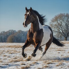 A beautiful stallion galloping in a snowy field with a pastel blue sky behind it.
