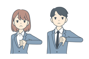 親指を下げて否定するビジネスマンとビジネスウーマン