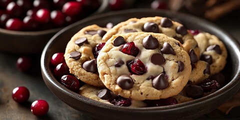 Indulgent cookies featuring rich chocolate chips and vivid red cranberries, offering a delightful combination of melting chocolate and tart berry flavor throughout.