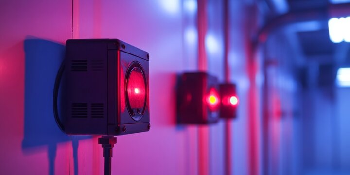 Ultra violet and infrared fire or flame detectors paired with a black industrial loudspeaker and light annunciator, all mounted on a wall as explosion proof equipment for safety.