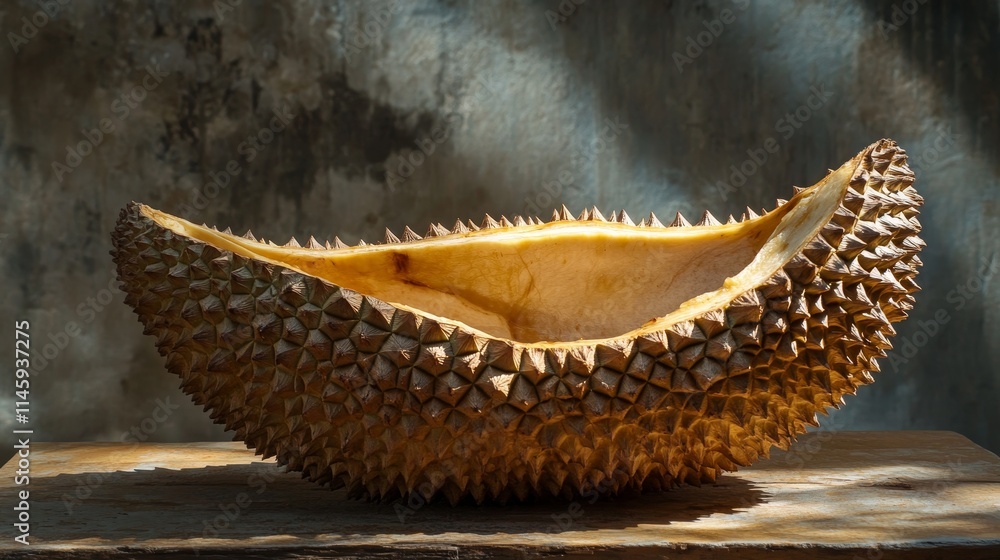 Poster isolated empty durian fruit shell displayed on a wooden table, highlighting the unique texture and s