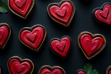 A delightful array of red heart-shaped cookies lies on a sleek black surface, creating a romantic feast for the eyes this Valentine's Day.