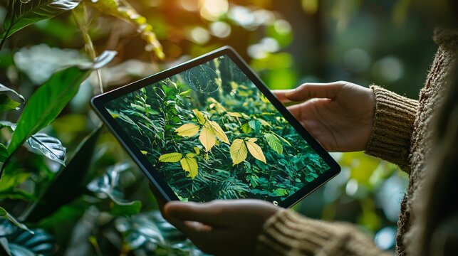 A person uses a tablet to engage with augmented reality in a natural setting, demonstrating the blend of innovative technology and eco-friendly solutions.