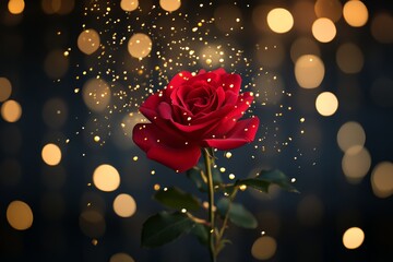 A stunning red rose rests gracefully on a stem, adorned with shimmering gold dots, embodying romance and elegance for Valentine's Day.