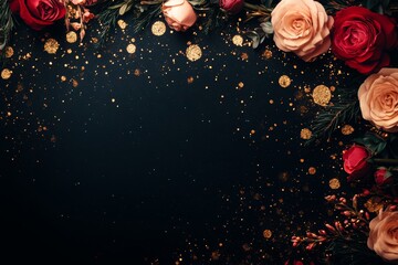 A stunning contrast of rich red roses and sparkling gold glitter emerges against a sleek black background, capturing the essence of romance and elegance.