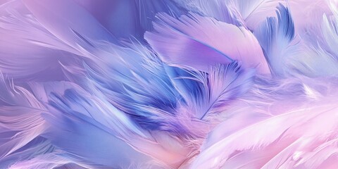 Fototapeta premium Stunning abstract colorful blue and light purple feathers create a vibrant composition against a soft white background, complemented by delicate white and pink feather textures in a purple design.