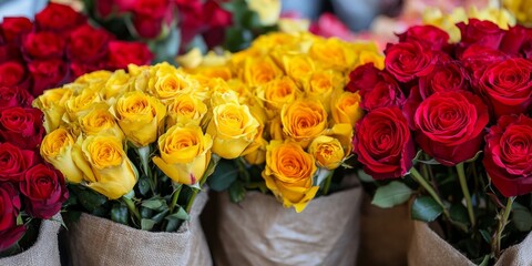 Obraz premium Vibrant yellow and red roses beautifully arranged in cloth bags, showcasing the charm of fresh flowers from the market. These yellow and red roses enhance any setting with their vibrant colors.