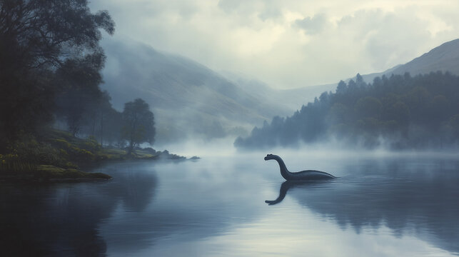 A mysterious view of a lake surrounded by foggy hills, with the silhouette of a creature resembling the Loch Ness Monster. Ideal for mythical or atmospheric themes.
